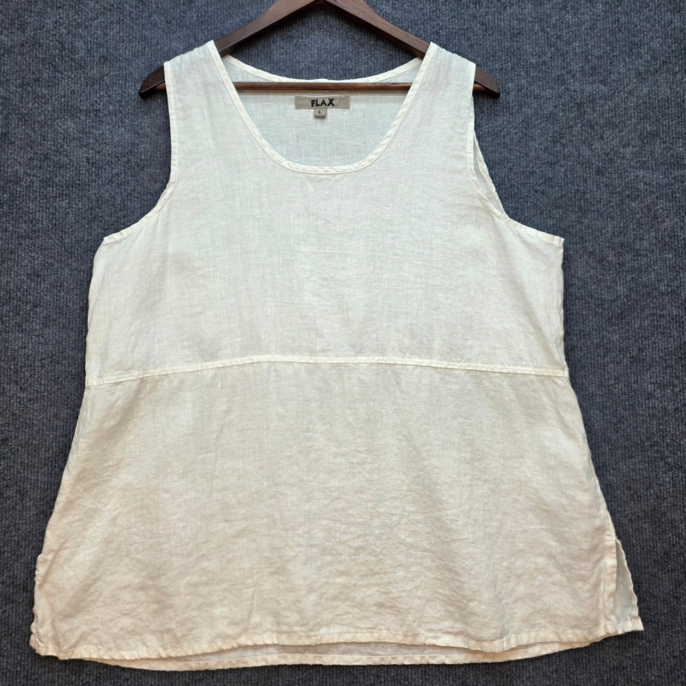 FLAX Linen Tank Top Womens Sleeveless Scoop Neck White L Excellent Lagenlook